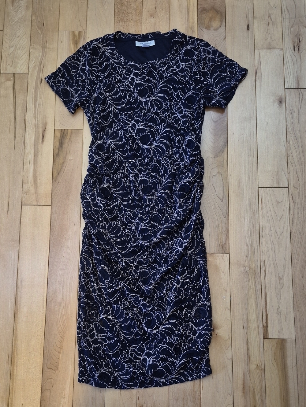 Motherhood Women's Size Small Navy Blue Dress with Ivory Lace-Style Pattern